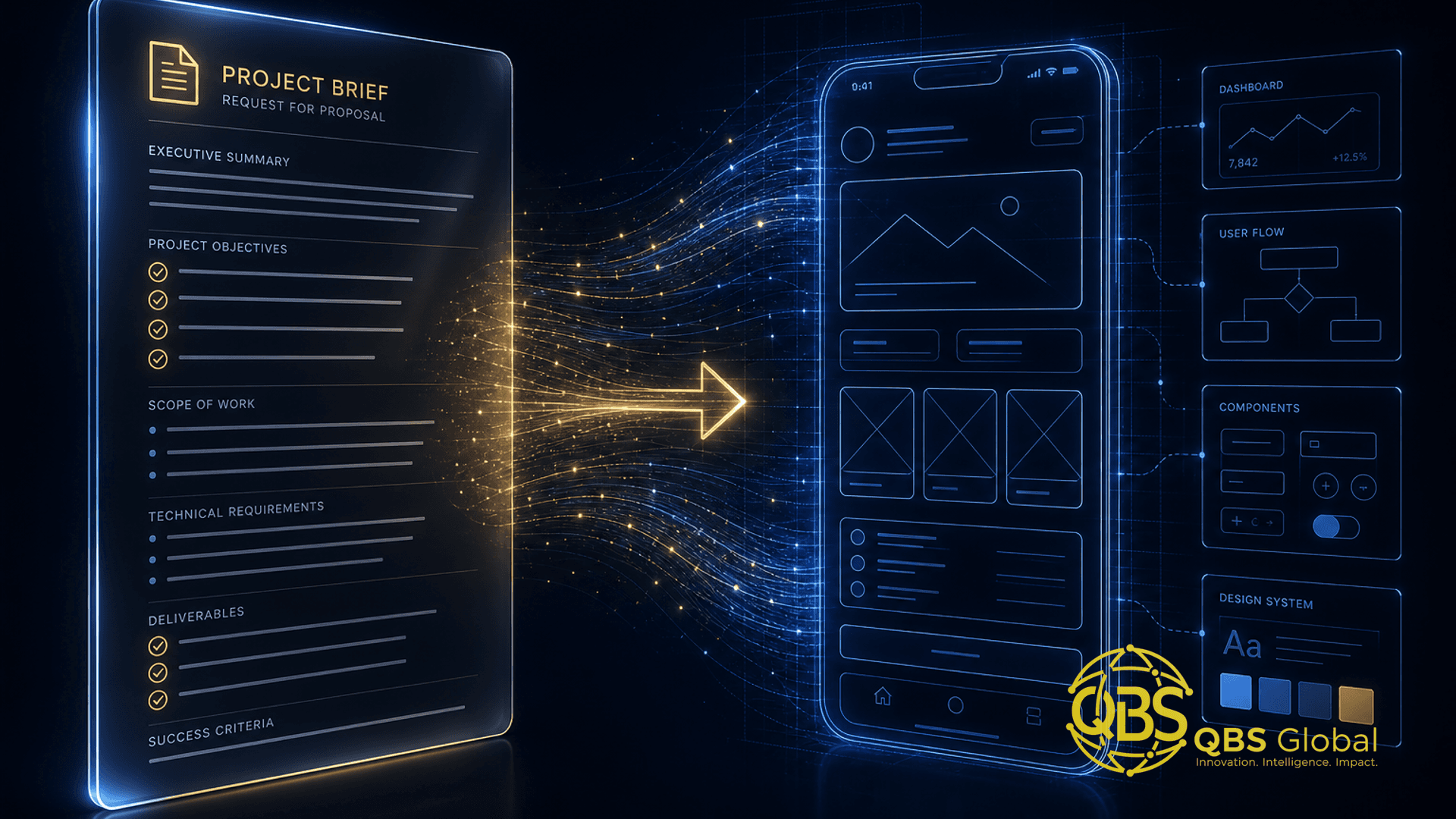 Abstract glowing structured document transforming into an app wireframe blueprint