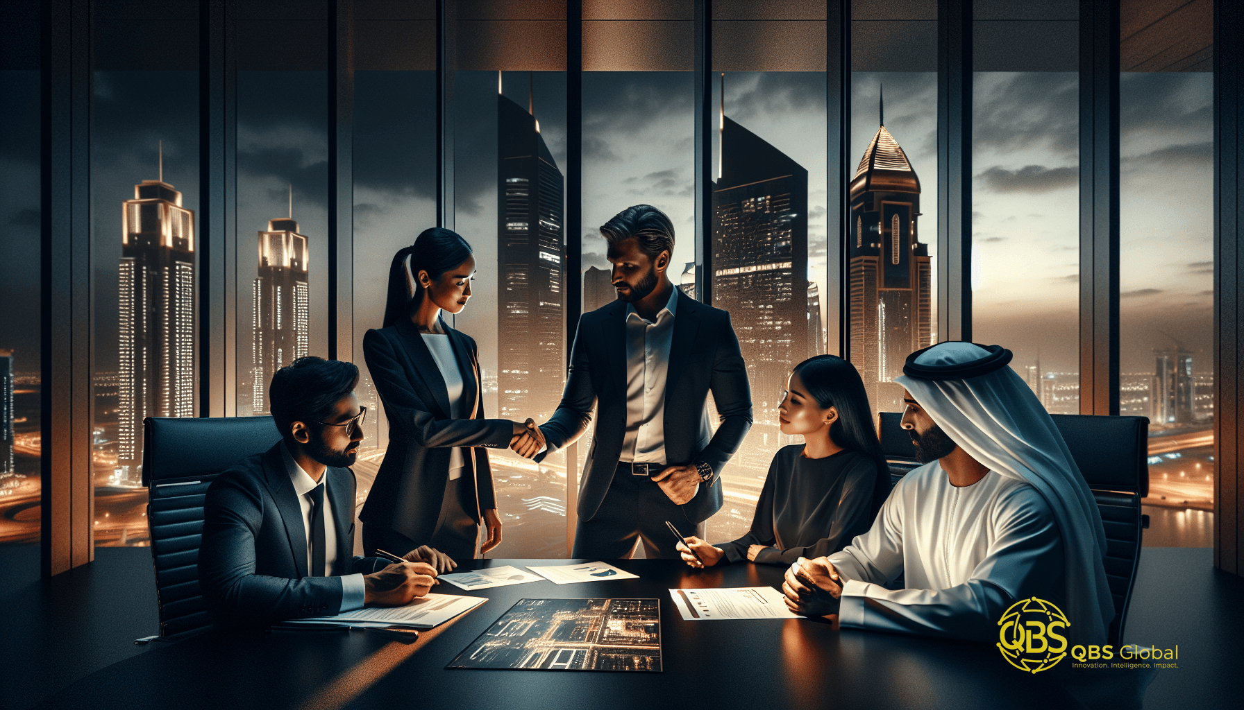 Modern Dubai office with diverse team collaborating during a hiring meeting