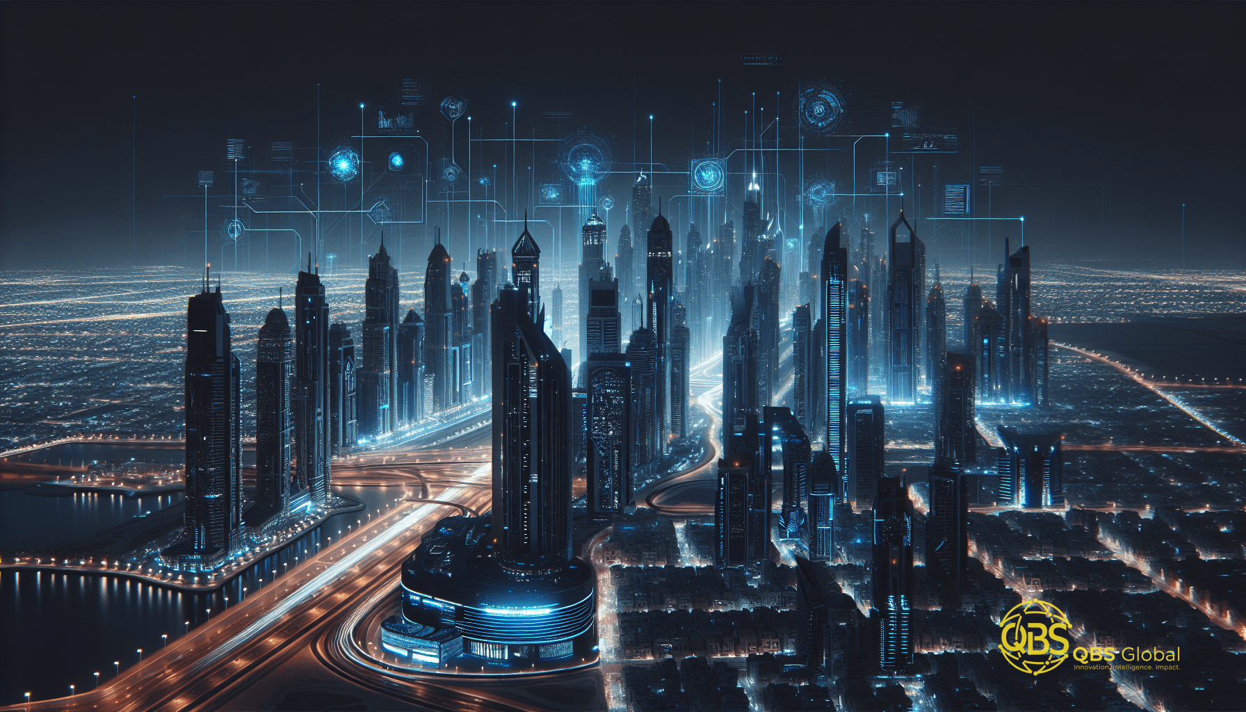 Dubai skyline with digital overlay representing AI integration