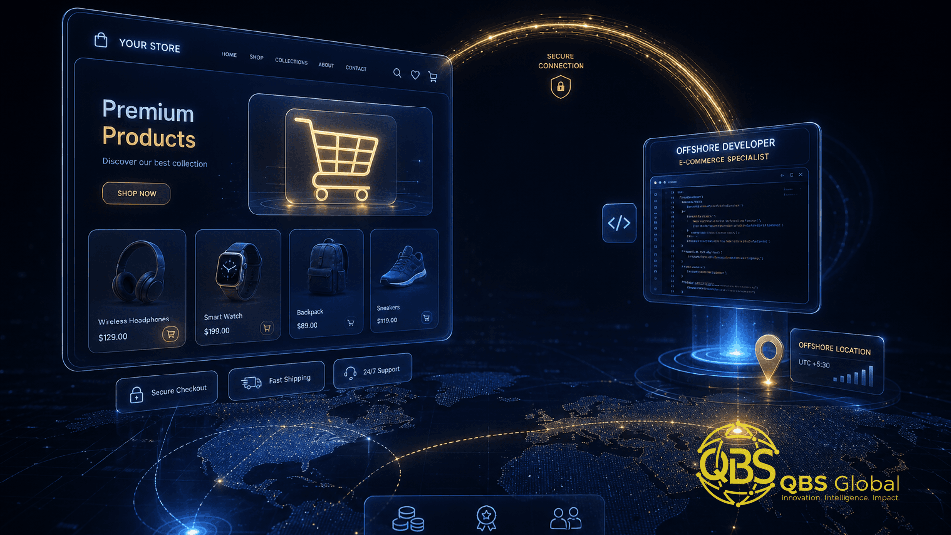 Abstract dark-navy and gold conceptual hero illustration for an article on hire offshore Shopify developer for ecommerce