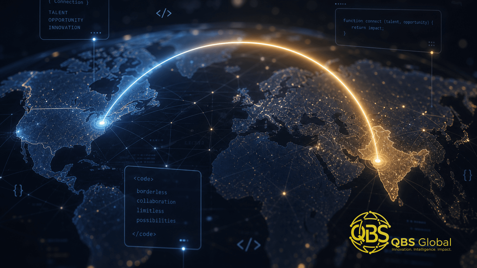 Abstract glowing arc connecting two regions on a dark globe, representing cross-border software hiring