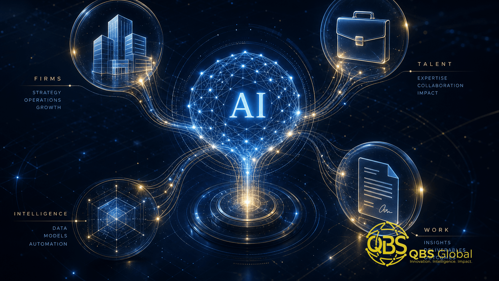 Abstract glowing neural-network hub connecting building, briefcase and document glyphs