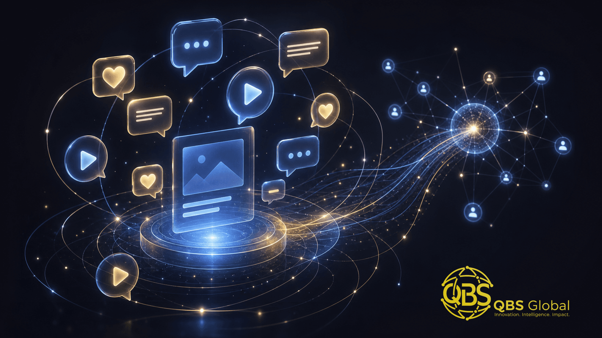 Abstract glowing speech bubbles and engagement glyphs orbiting a central content hub