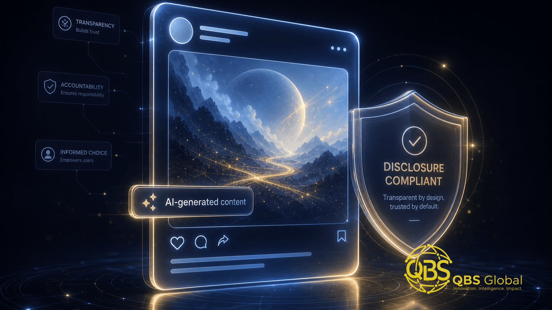 Abstract dark-navy and gold conceptual hero illustration for an article on labeling AI generated content rules 2026