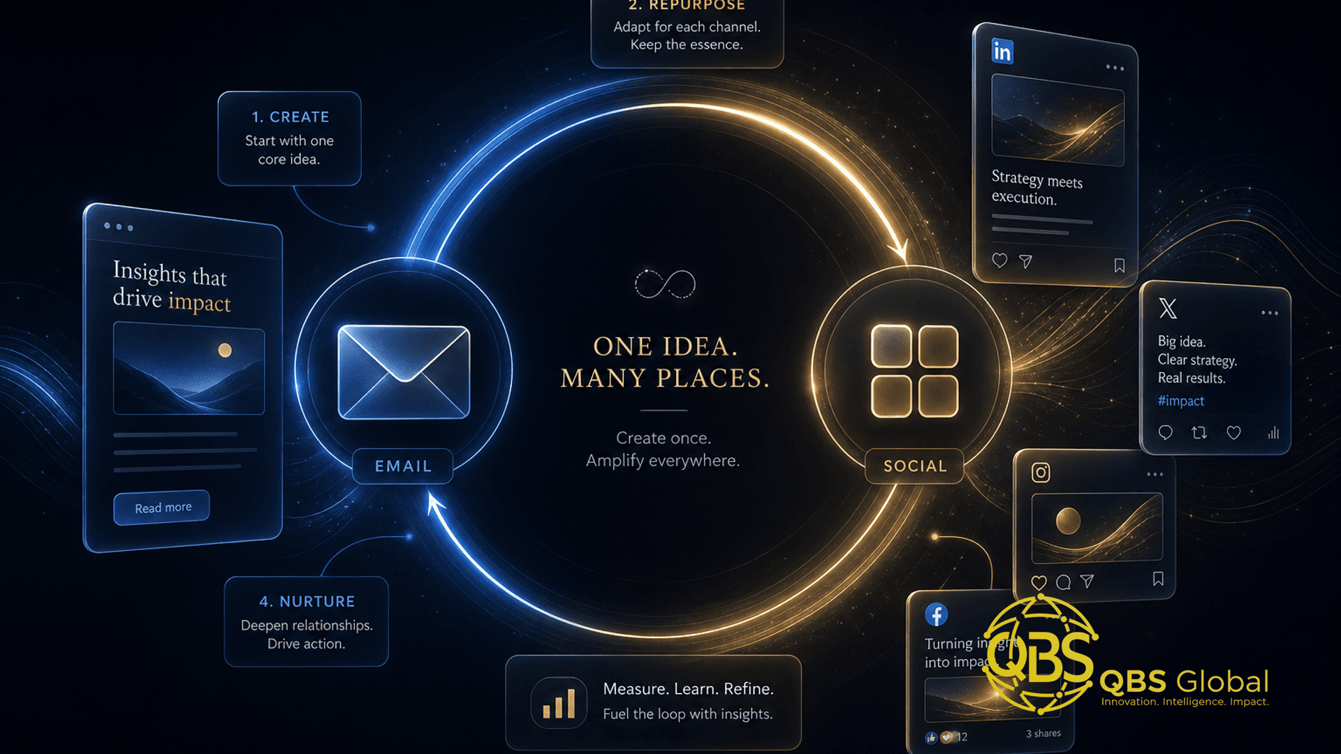 Abstract dark-navy and gold conceptual hero illustration for an article on email and social media marketing together