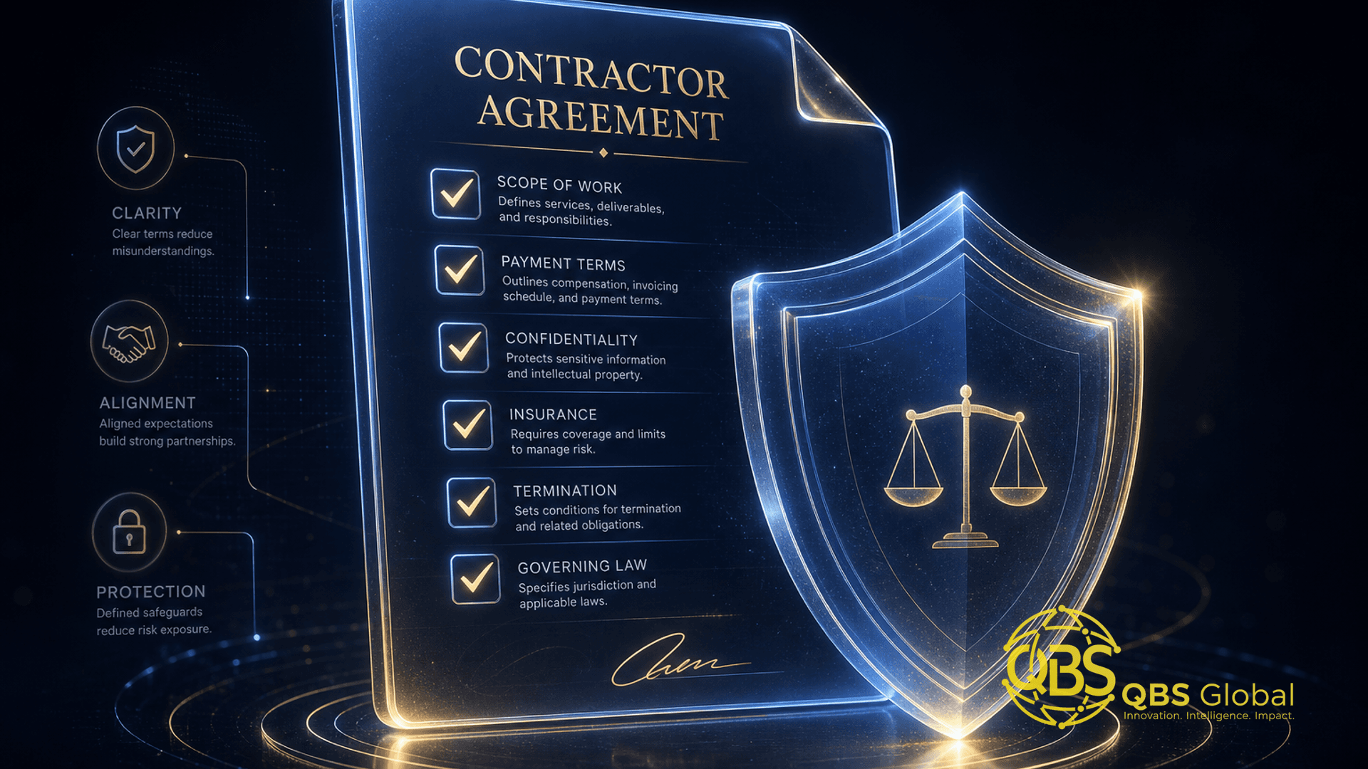 Abstract dark-navy and gold conceptual hero illustration for an article on offshore contractor agreement checklist