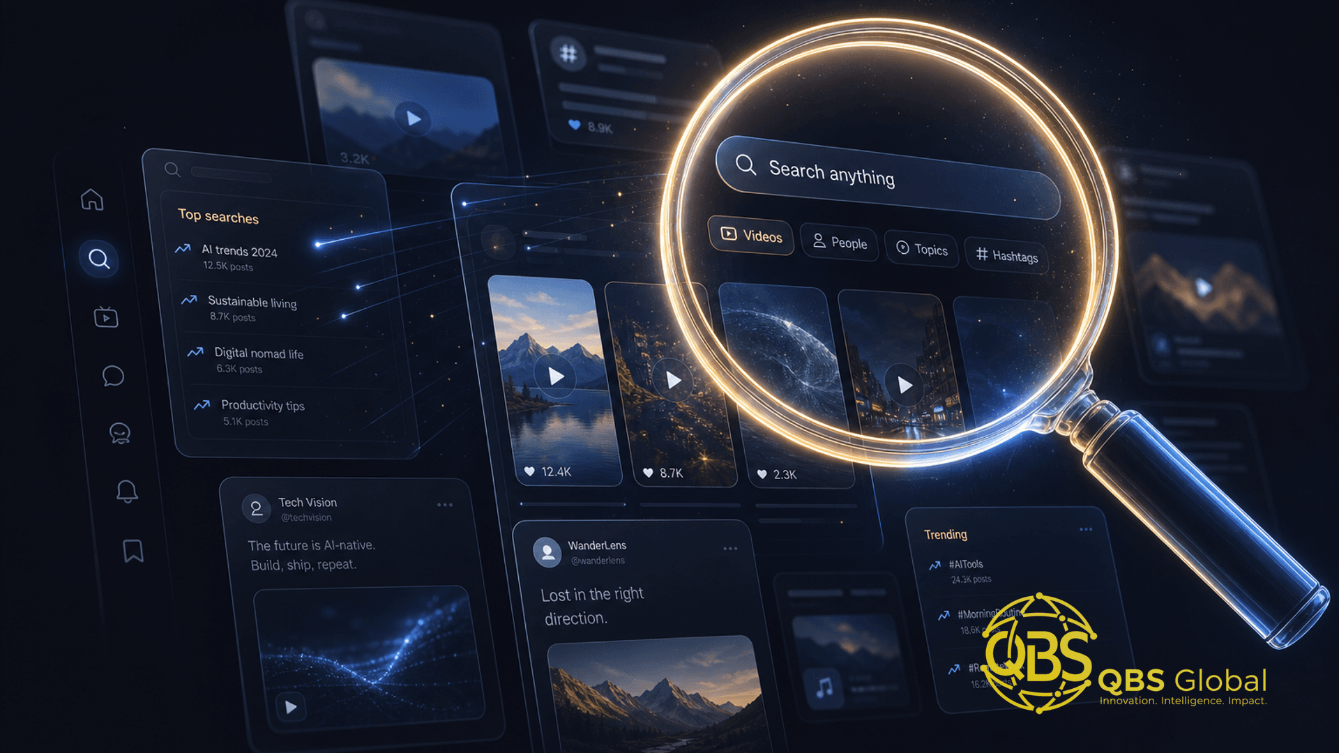 Abstract dark-navy and gold conceptual hero illustration for an article on social search optimization for service business
