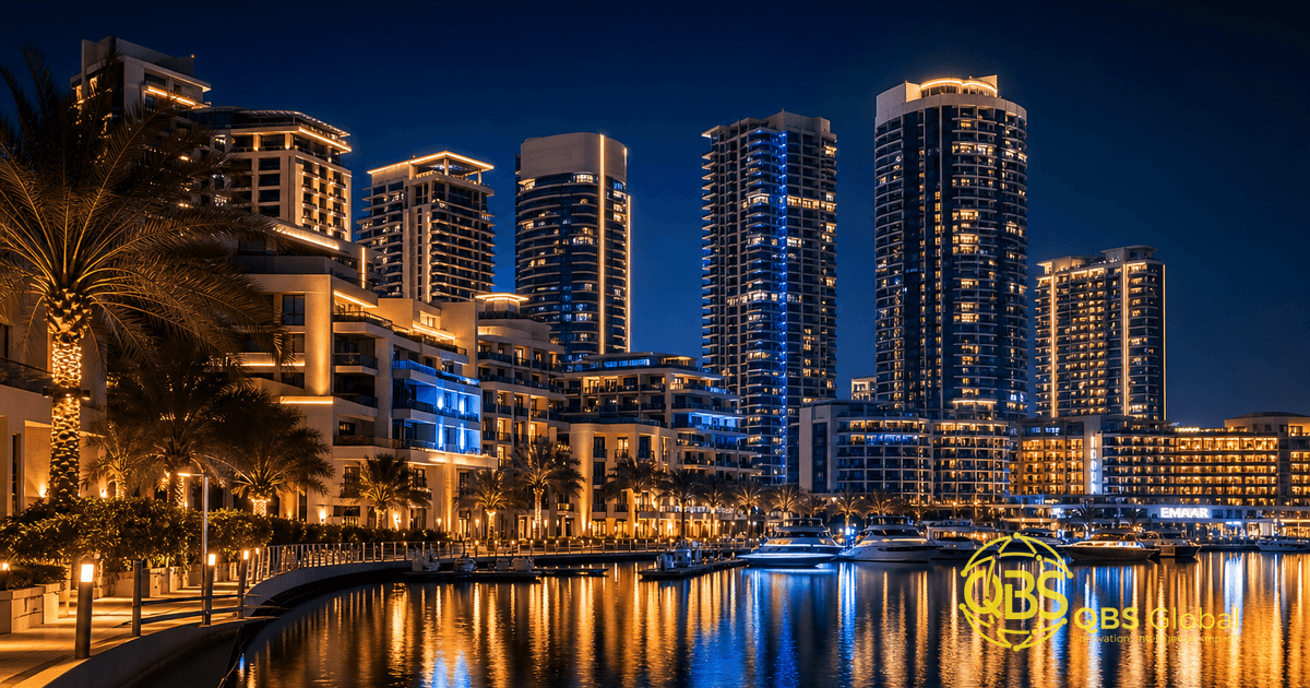 Modern UAE residential towers beside the marina at twilight