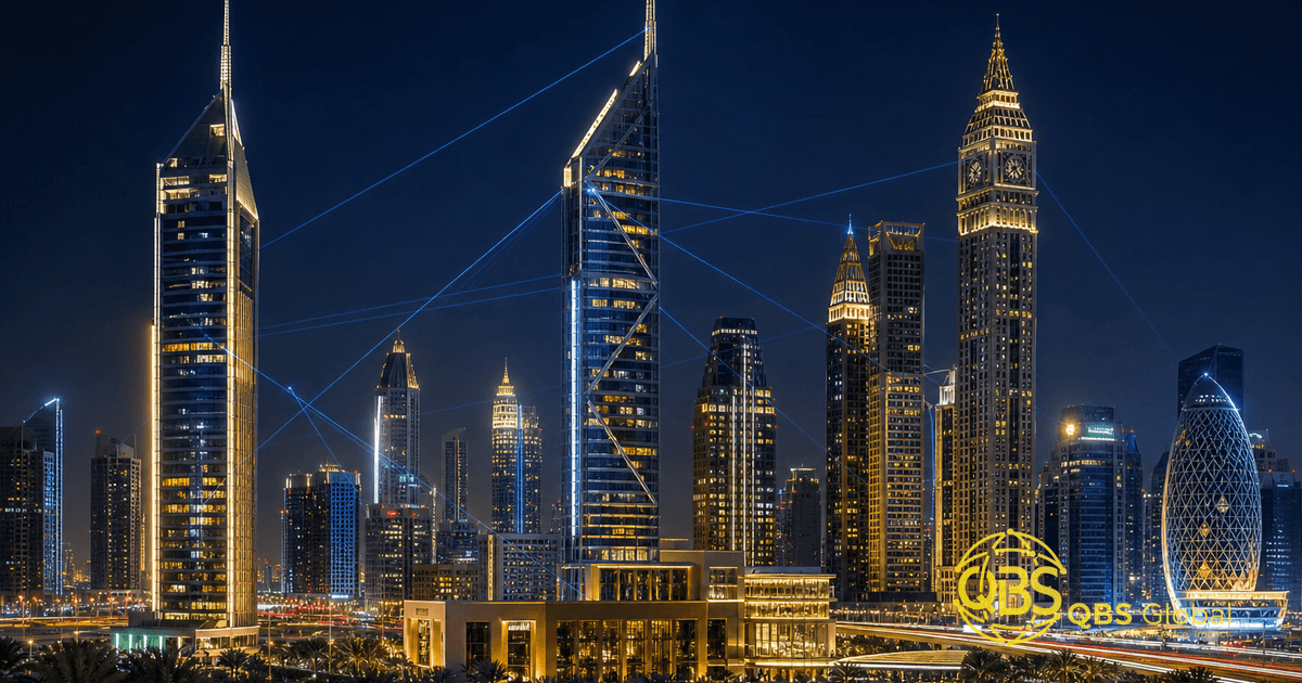 Dubai's financial district skyline at dusk, representing UAE labour-law compliance